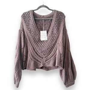 NWT Free People Chunky Knit Cable Puff Sleeves Purple Sweater